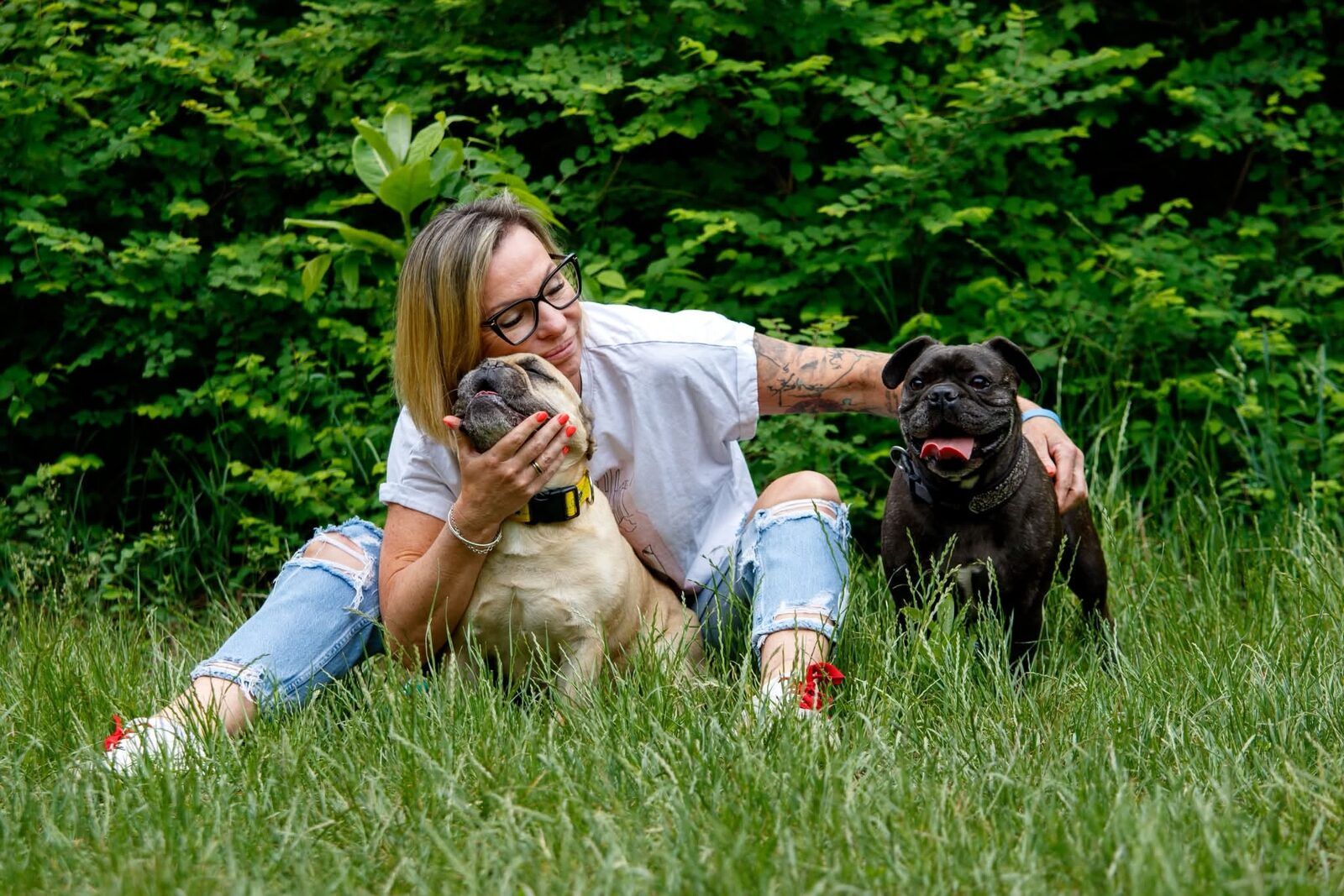Viki két francia bulldoggal a fűben